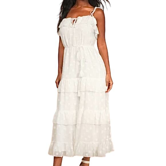 NEW Lulus Size M Easily Adored Burnout Floral Tiered Midi Dress White Ruffle - Picture 2 of 16